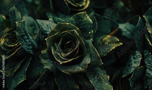 Dark moody rose close up soft petals green leaves botanical still life