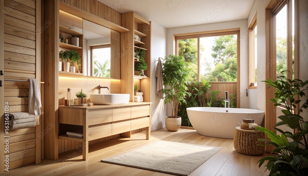 Fototapeta premium Tiny Japandi bathroom with natural wood finishes, built-in storage, and soft diffused lighting creates a cozy, minimalist space blending Japanese simplicity and Scandinavian warmth. 