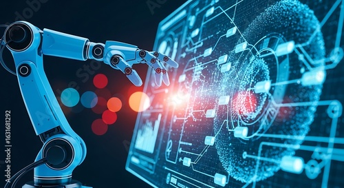 Robotic arm interacts with futuristic digital display