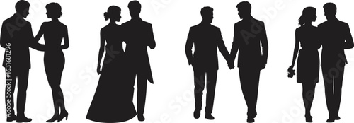 Silhouettes of couples standing and walking, some in wedding attire, romantic poses, black vector illustration on white background