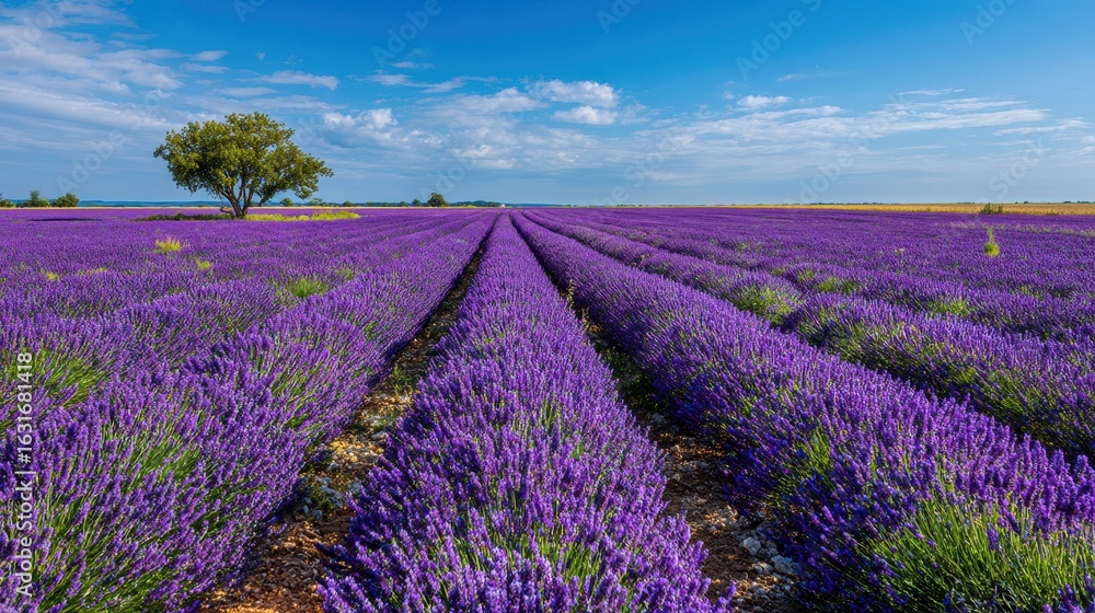 Naklejka premium A field of purple lavender flowers, under a partly cloudy blue sky, with a single tree