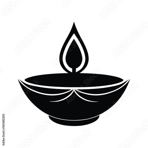 Diwali vector art of silhouette of a decorative diya lamp with a flame, isolated