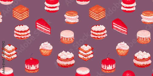 Seamless vector pattern with colorful cakes, cupcakes, macaroons, and layered desserts on brown background. Template for packaging, kids design, and bakery branding