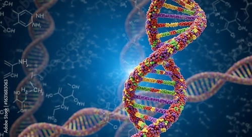 Vivid, colorful DNA strands forming a double helix structure against a glowing blue scientific background with chemical diagrams.