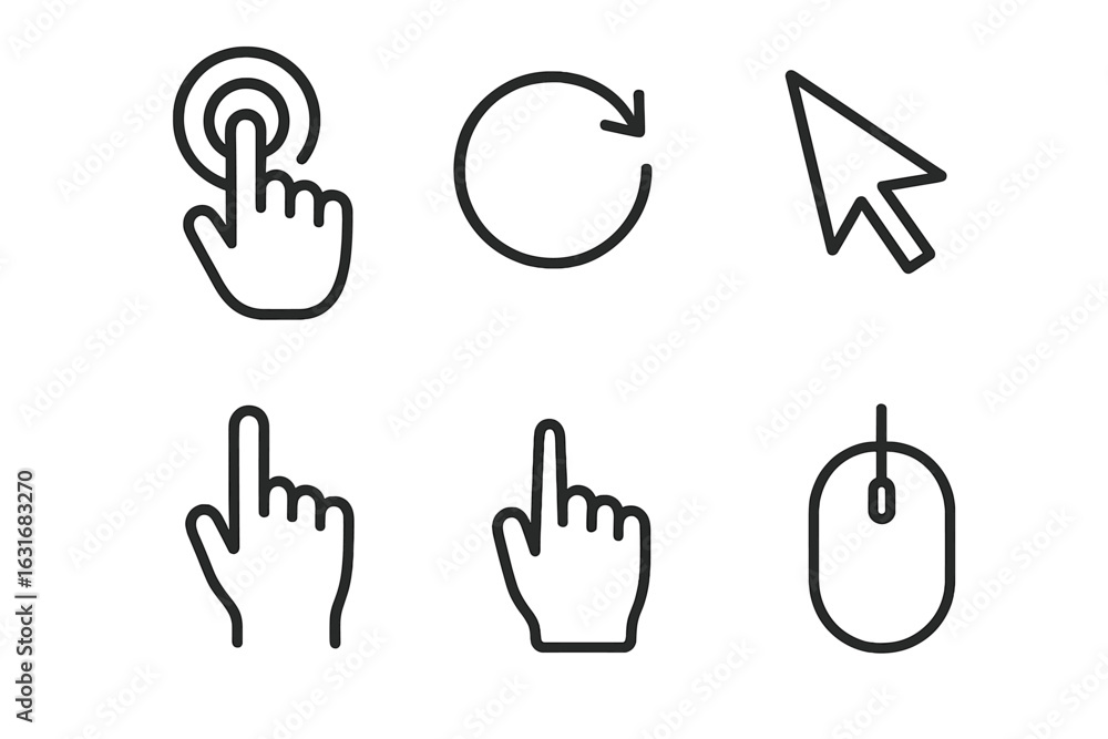 Fototapeta premium Minimalist navigation icons: hand gestures, mouse, arrow, and refresh symbol