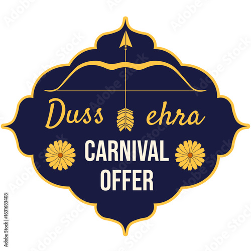 Dussehra Sale banner. Vector illustration of hindu Frame with calendula flowers bow arrow and Sale text isolated transparent background. Perfect special carnival Offer concept. EPS 10