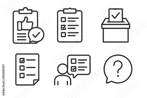 Survey and voting icons: thumbs up, checklists, ballot box, question mark