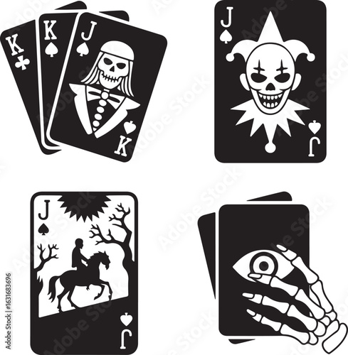 Cursed, playing, card, icon, set, horror, silhouette, vector, black, isolated, illustration, design
