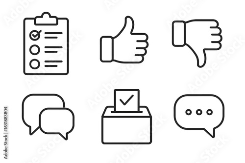 Survey icons: checklist, thumbs up and down, dialogue bubbles, voting box