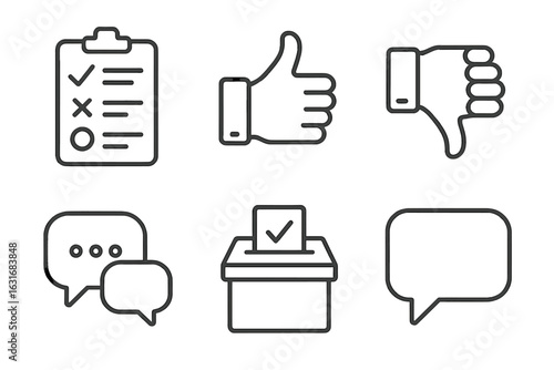 Checklist and feedback icons including thumbs up down ballot box and speech bubbles