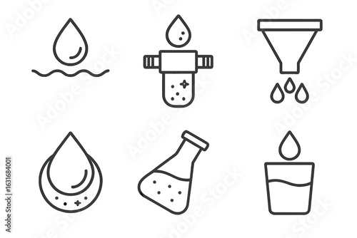 Water purification icons: filtration, droplets, and containers