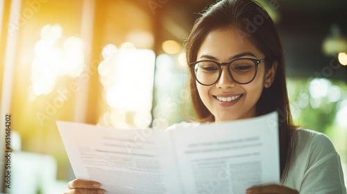 Young woman wearing glasses is smiling while reading documents bright, modern workspace. sunlight streaming through window creates warm and focused atmosphere, symbolizing productivity