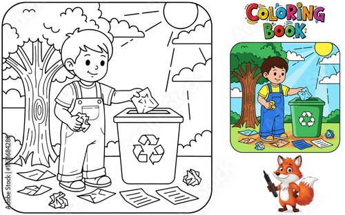 Boy recycling paper while smiling outdoors in a coloring book illustration  
