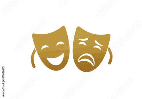 Theatrical Masks of Emotion: A golden, minimalist portrayal of the iconic comedy and tragedy masks, expressing a spectrum of human experience.