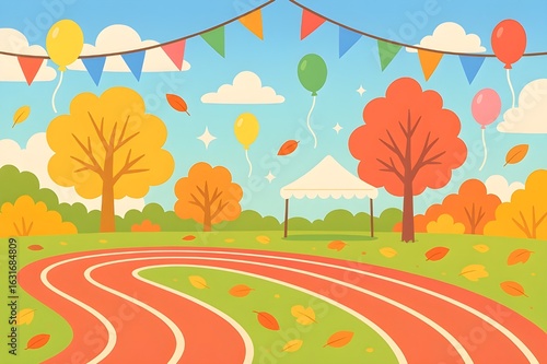 Autumn Sports Day Track Background – Fall Trees, Balloons, and Tent Illustration