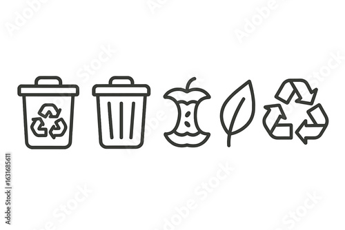 Recycling and waste management icon set with bin, apple core, leaf, and symbol