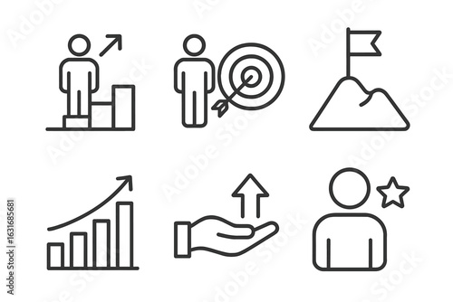 Business growth and success icons: graphs, targets, goals, and achievements
