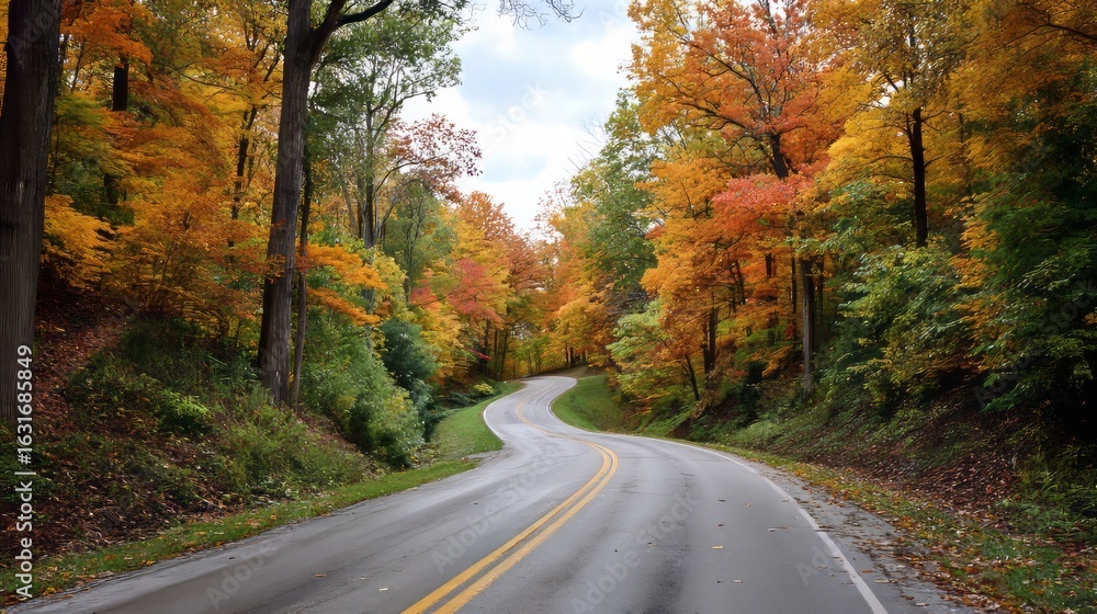 Naklejka premium Winding road through colorful autumn forest with wet pavement. Best Weekend Drives for Leaf Peeping, concept of scenic seasonal travel