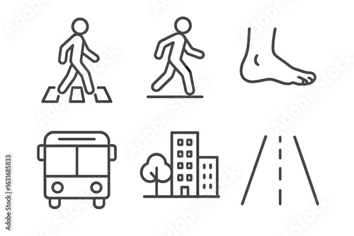 Urban icons: walking figures, foot, bus, buildings, road symbols