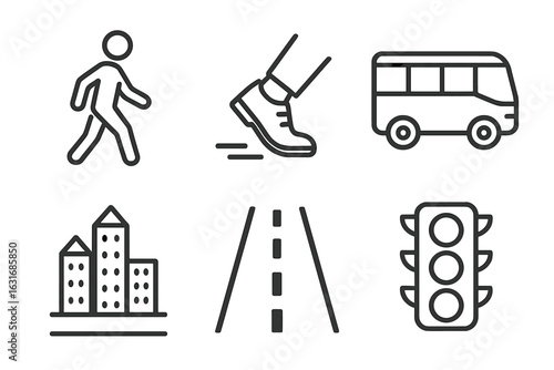Urban transportation icons: pedestrian, bus, cityscape, road, traffic light