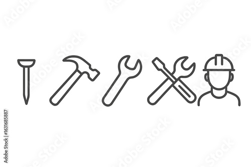 Outline icons of construction tools and worker with hard hat