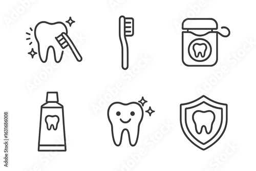 Dental care icons: toothbrush, toothpaste, floss, shield, tooth