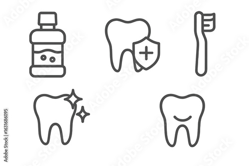 Dental care icons: mouthwash, tooth, shield, toothbrush for oral hygiene
