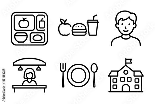 Black and white school lunch icons set featuring food and students
