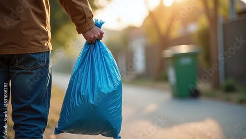 A hand carries a black garbage bag outside looking for disposal