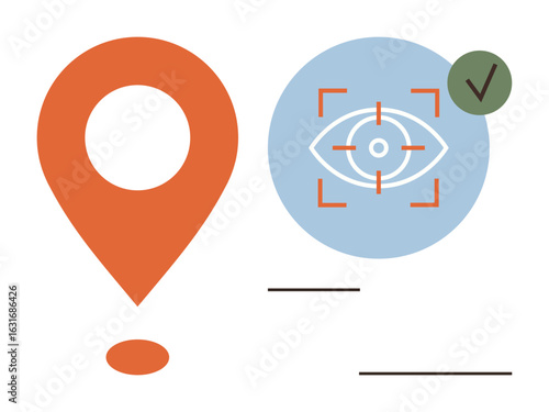 Orange location pin, blue eye scan with red focus marks, and green checkmark represent geolocation, recognition, and approval. Ideal for navigation, security, tracking, authentication concepts