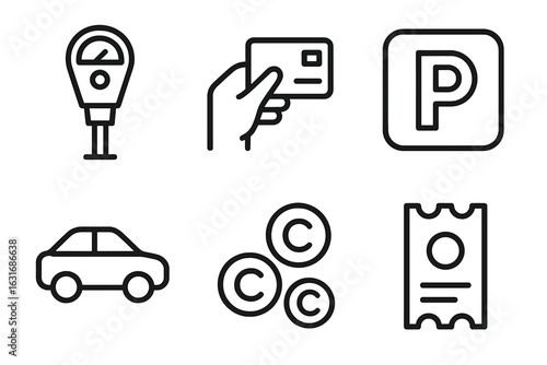 Parking meter icons: payment methods and transportation symbols