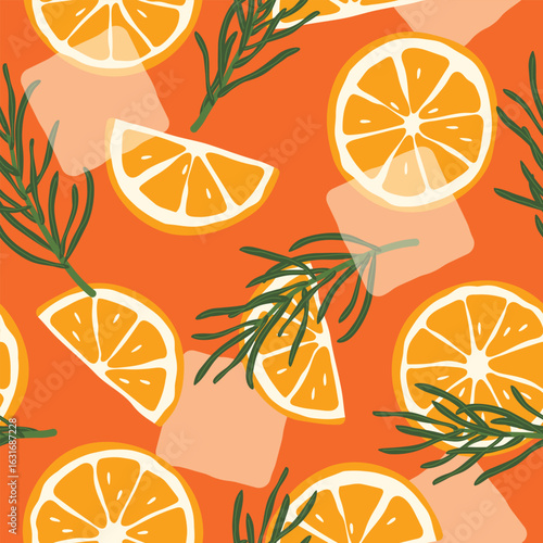 spritz cocktail seamless pattern with orange slices, rosemary twigs and ice cubes; summer party background- vector illustration