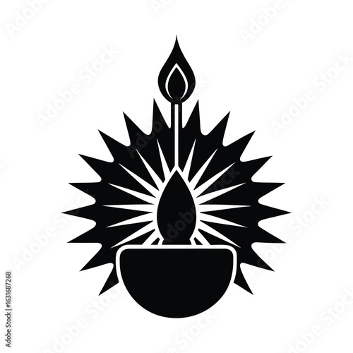 Diwali vector art of black silhouette of a traditional indian diya lamp with a flame, isolated