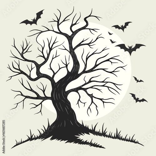 A spooky halloween scene featuring a bare tree silhouette with bats flying in front of a full moon background