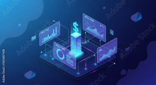 Isometric illustration showcasing financial data analysis with charts, graphs, and a dollar sign, representing business, investment, and market growth trends.
