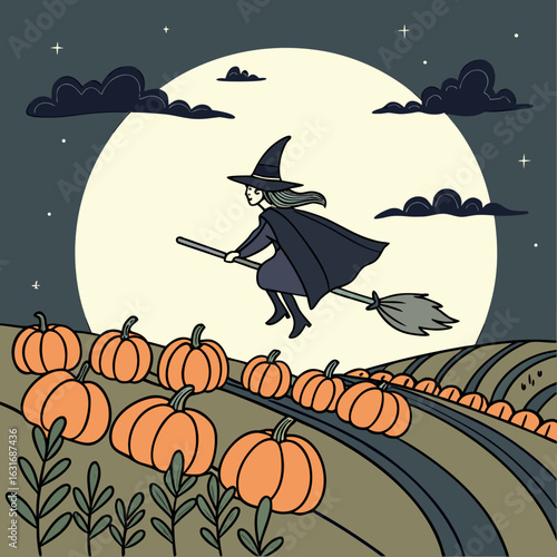 A witch flying on a broomstick over a pumpkin patch with a full moon and cloudy night sky backdrop