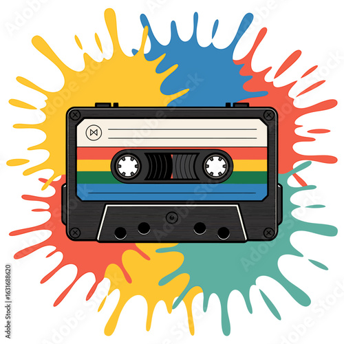 Vintage Cassette Tape Illustration with Colorful Splash Background Retro Music and Nostalgic Era Design