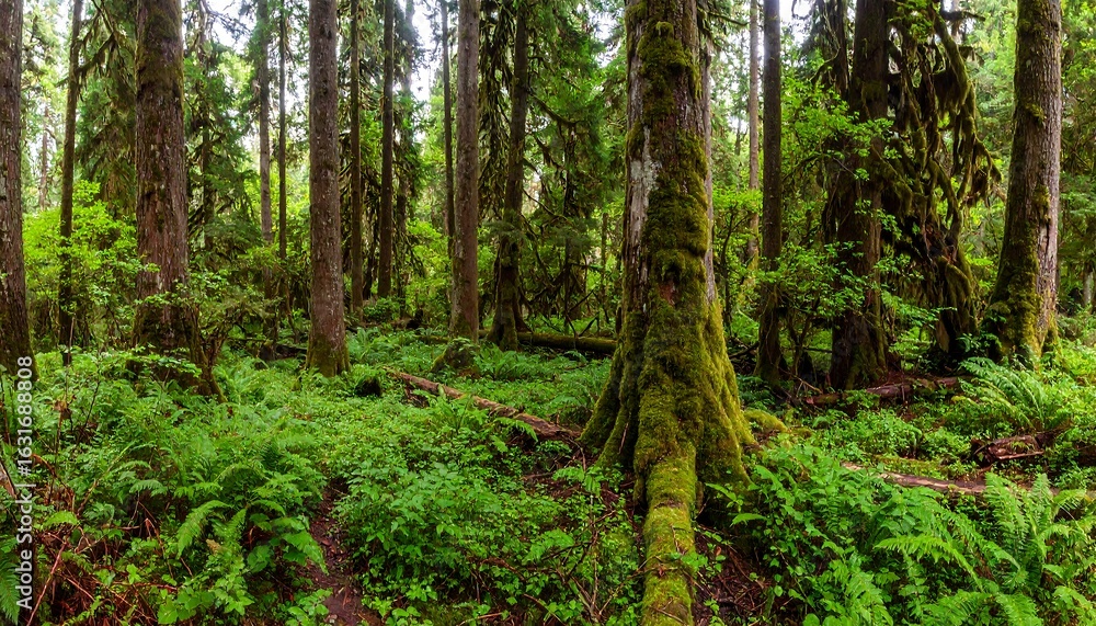 Fototapeta premium Lush green forest floor, towering trees