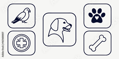 A collection of minimalist line art icons representing pet care, featuring a dog, bird, paw print, bone, and a veterinary health symbol.