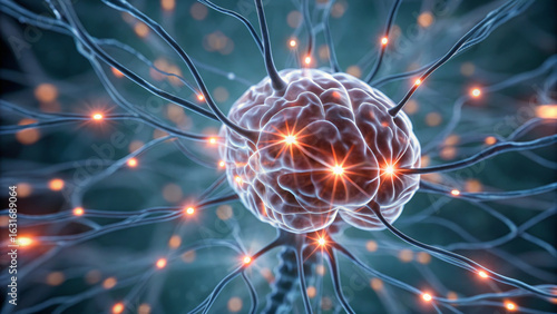 Parkinson concept ,Neural signals misfiring in complex network of interconnected neurons, showcasing vibrant activity