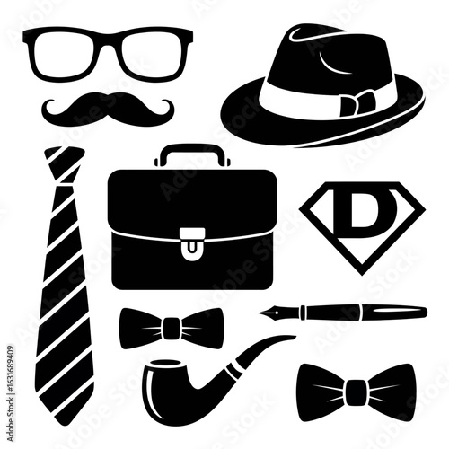 Iconic Gentlemans Essentials Black and White Illustration Classic Accessories for Business Professionals and Distinguished Style
