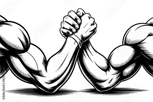Arm Wrestling Challenge Showing Strength and Competition in a Black and White Illustration Featuring Muscular Arms and Intense Hand Clasp