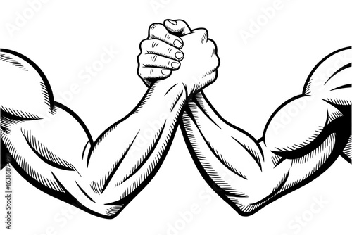Arm Wrestling Black and White Illustration Showing Strength and Competition Between Two Muscular People Displaying Arm Muscles and Hands Clasped