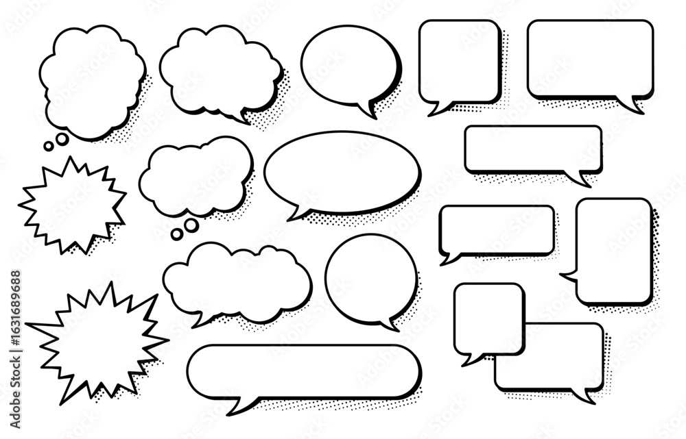 Fototapeta premium Comic speech bubbles and thought balloons set, line vector illustration