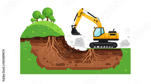 Illustration Vector of Excavator Digging Earth with Roots and Trees Cartoon Style Design