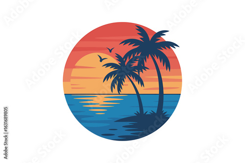 Tropical beach sunset with palm trees vector illustration vacation paradise getaway summer vibes and serene waters reflecting the colorful sky