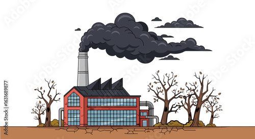 Vector Illustration of Factory with Smoke Trees and Cracked Earth in Cartoon Style