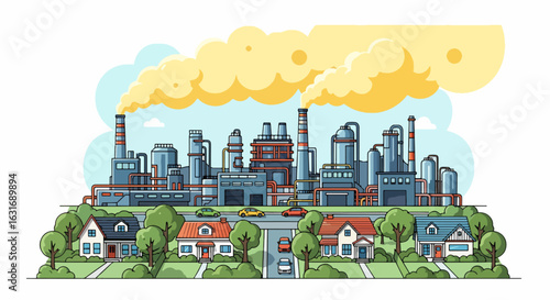 Vector Illustration of Industrial Landscape with Factory and Houses in a Modern Style with Outline
