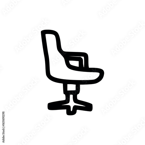 Illustration of a black outline office chair with armrests and a five star base on a white background