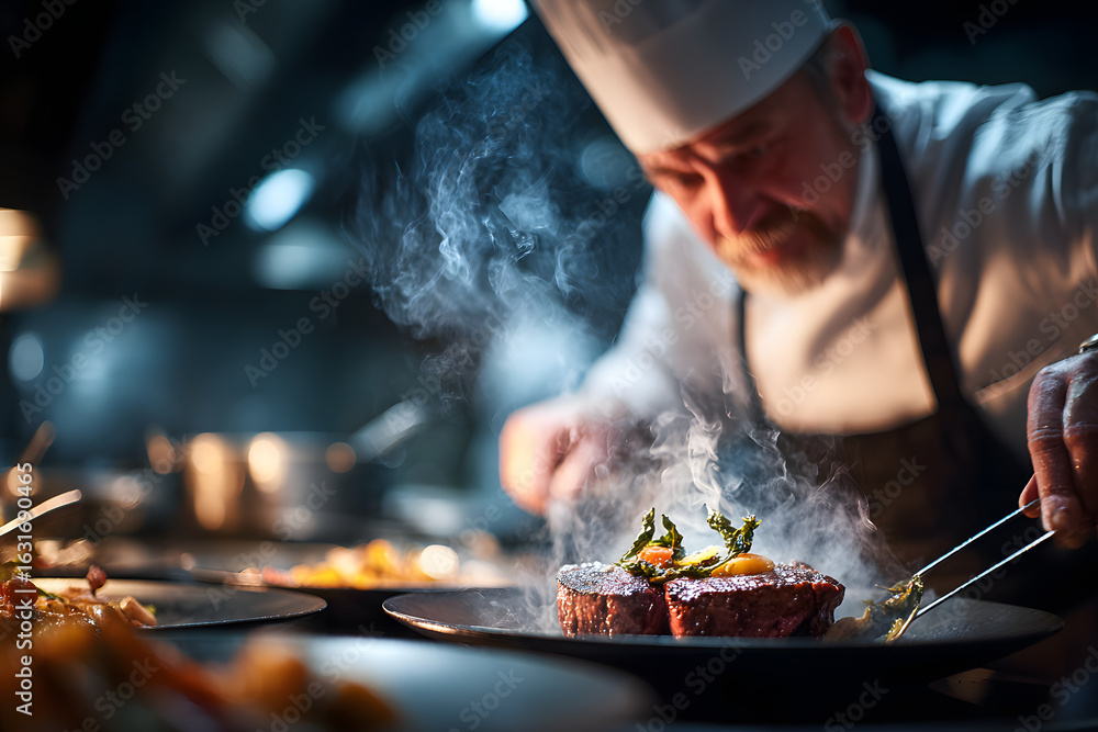 Fototapeta premium Chef in hotel or restaurant kitchen cooking